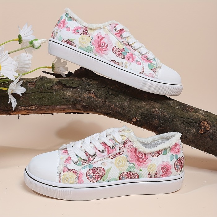 Women's Flat Canvas Shoes, Halloween Rose & Skull Print Low Top Shoes, Casual Walking Sneakers