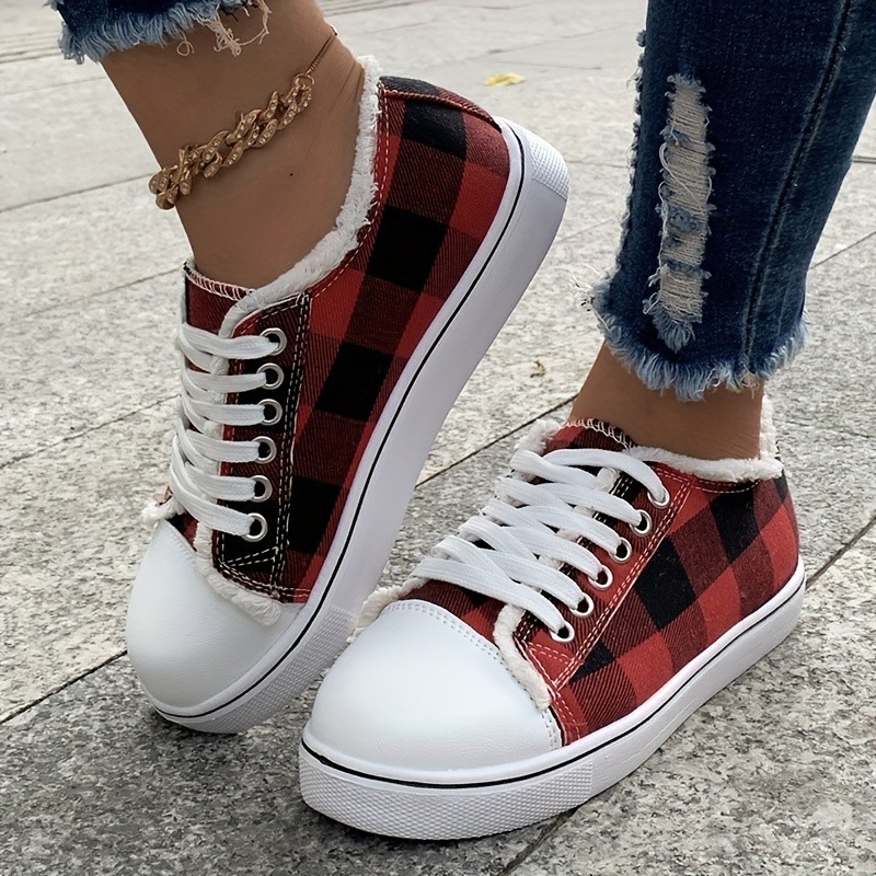 Women's Plaid Canvas Shoes, Round Toe Low Top Flat Sneakers, Casual Lace Up Walking Shoes