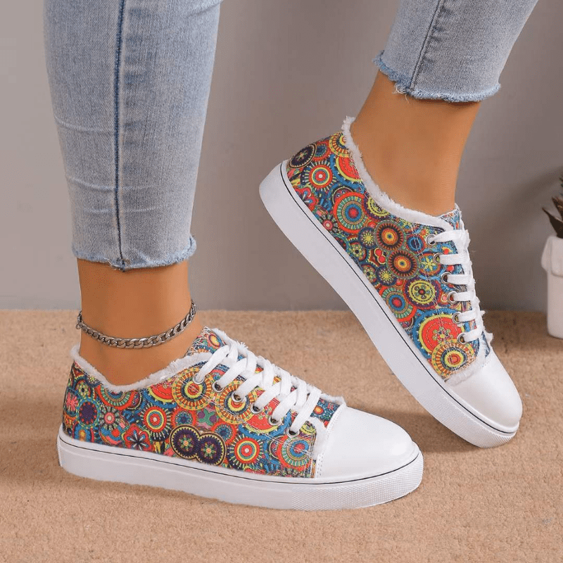 Women's Colorful Print Canvas Shoes, Casual Round Toe Lace Up Low Top Sneakers, Casual Flat Skate Shoes