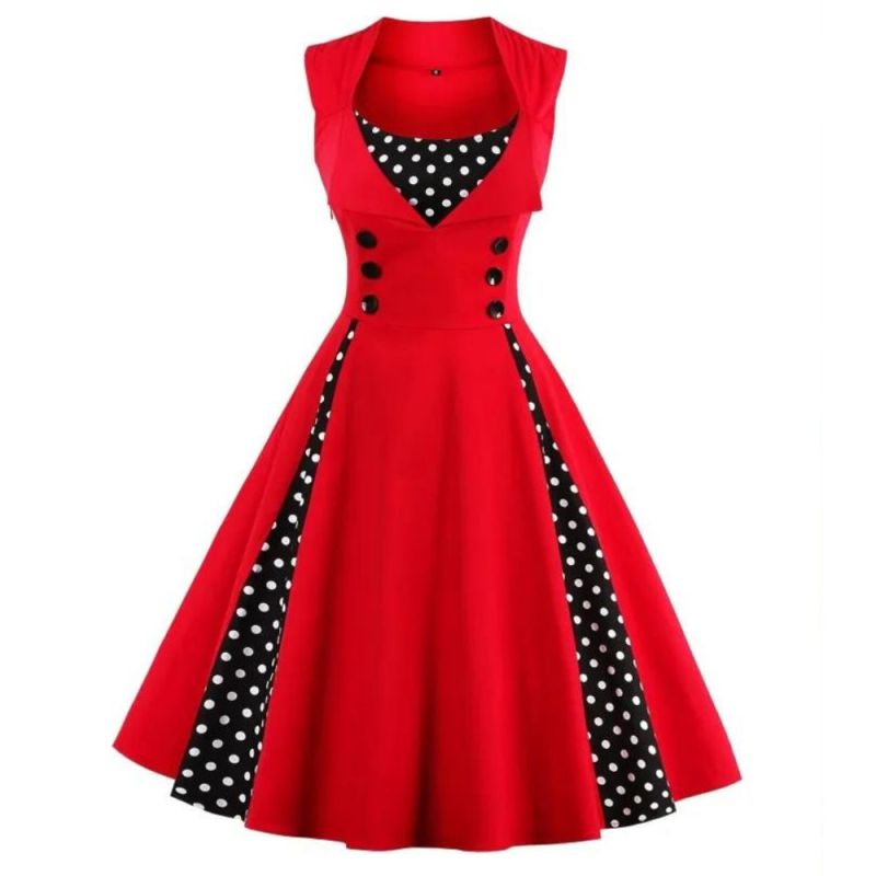 Retro Button Stitching Large Swing Dress, Vintage Fashion Waist Fall Party Swing Dresses, Women's Clothing