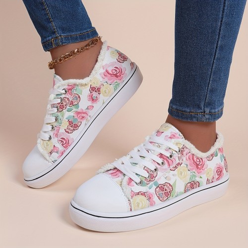 Women's Flat Canvas Shoes, Halloween Rose & Skull Print Low Top Shoes, Casual Walking Sneakers