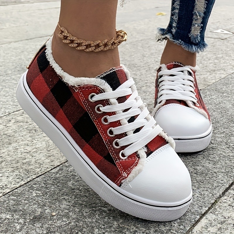 Women's Plaid Canvas Shoes, Round Toe Low Top Flat Sneakers, Casual Lace Up Walking Shoes