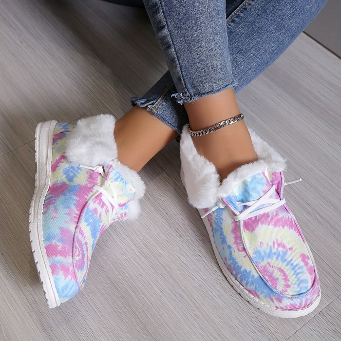 Women's Plush Lined Canvas Shoes, Tie Dye Slip On Fuzzy Snow Boots, Winter Warm Outdoor Ankle Boots