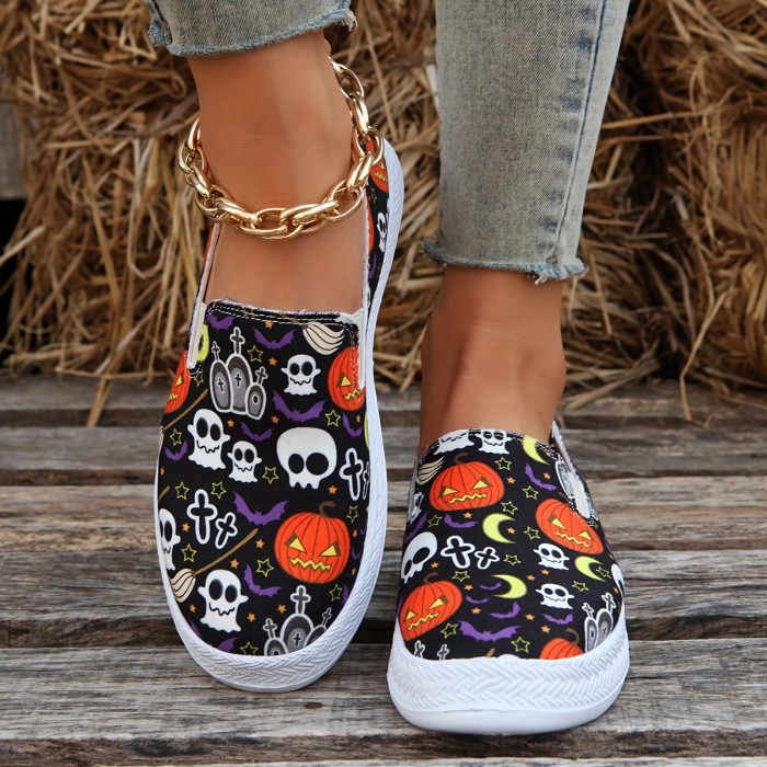 Women's Ghost Face Pumpkin Print Flats, Halloween Low Top Slip On Canvas Shoes, Casual Walking Loafers