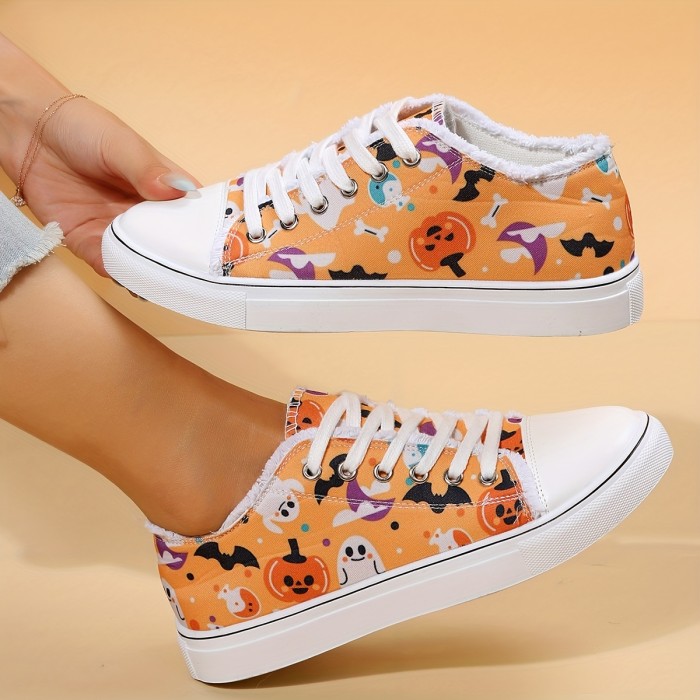 Women's Ghost & Pumpkin Print Sneakers, Halloween Lace Up Low Top Canvas Shoes, Casual Flat Skate Shoes