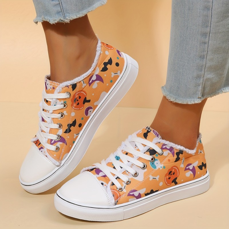 Women's Ghost & Pumpkin Print Sneakers, Halloween Lace Up Low Top Canvas Shoes, Casual Flat Skate Shoes