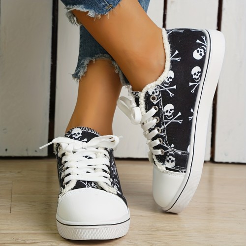 Women's Flat Canvas Shoes, Halloween Skull Print Low Top Sneakers, Casual Lace Up Walking Shoes