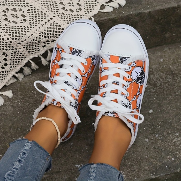 Women's Skull Print Canvas Shoes, Lightweight Lace Up Low Top Flats, Casual Halloween Sneakers