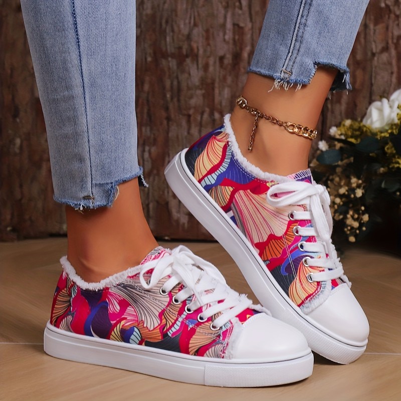 Women's Low Top Canvas Shoes, Art Printed Lace Up Round Toe Sneakers, Casual Flat Walking Shoes