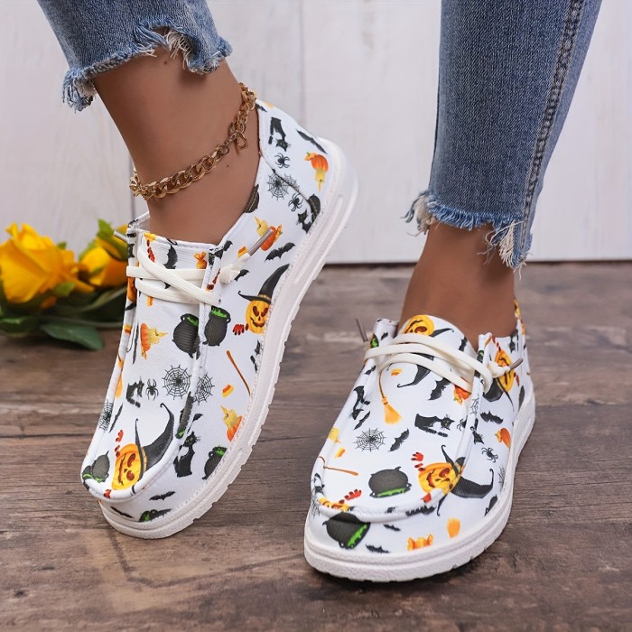 Women's Ghost Face Pumpkin Canvas Shoes, Halloween Round Toe Flat Low Top Skate Shoes, Casual Slip On Walking Shoes