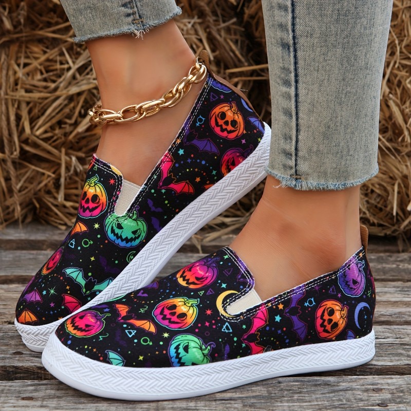 Women's Ghost Face Pumpkin Print Flats, Halloween Low Top Slip On Canvas Shoes, Casual Walking Loafers