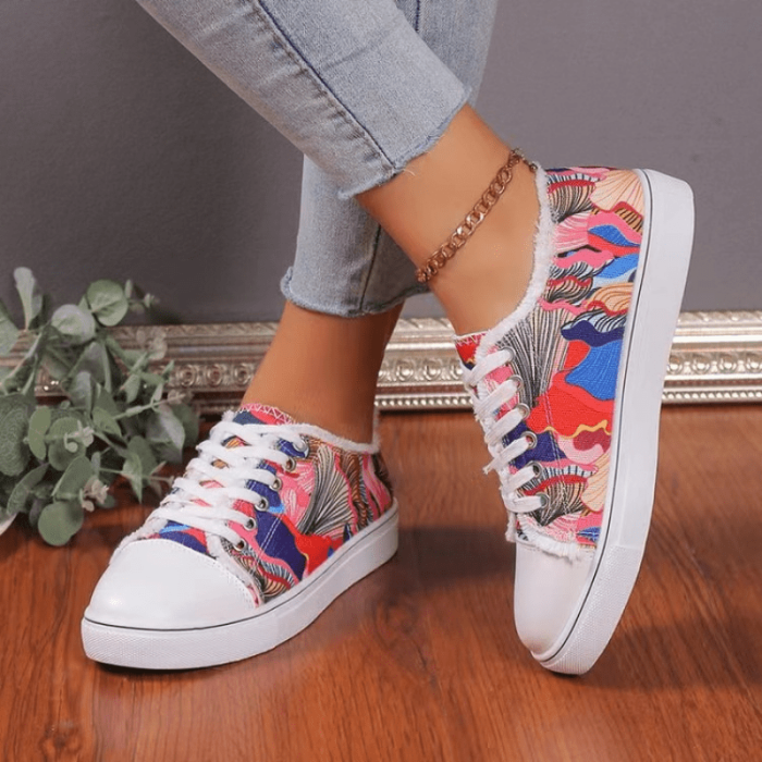 Women's Colorful Print Canvas Shoes, Casual Round Toe Lace Up Low Top Sneakers, Casual Flat Skate Shoes