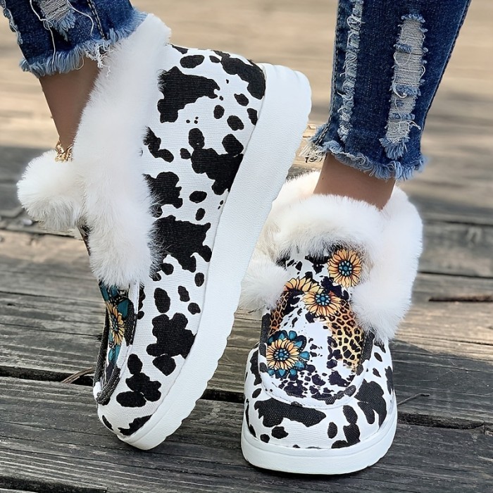 Women's Cow Printed Canvas Snow Boots, Winter Fluffy Plush Lined Slip On Shoes, Thermal Flat Short Boots