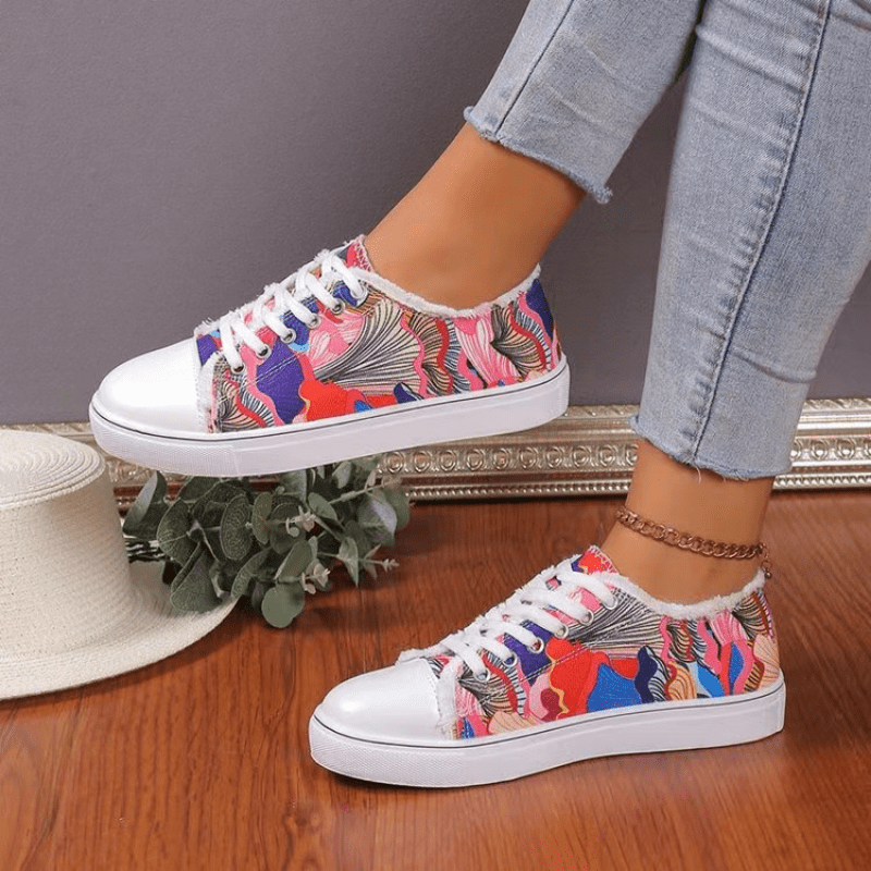 Women's Colorful Print Canvas Shoes, Casual Round Toe Lace Up Low Top Sneakers, Casual Flat Skate Shoes