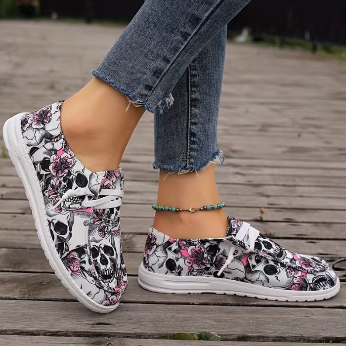 Women's Halloween Skull Print Canvas Shoes, Breathable Round Toe Flat Casual Sneakers, Comfort Walking Shoes