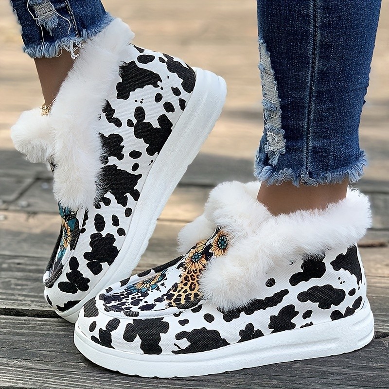 Women's Cow Printed Canvas Snow Boots, Winter Fluffy Plush Lined Slip On Shoes, Thermal Flat Short Boots