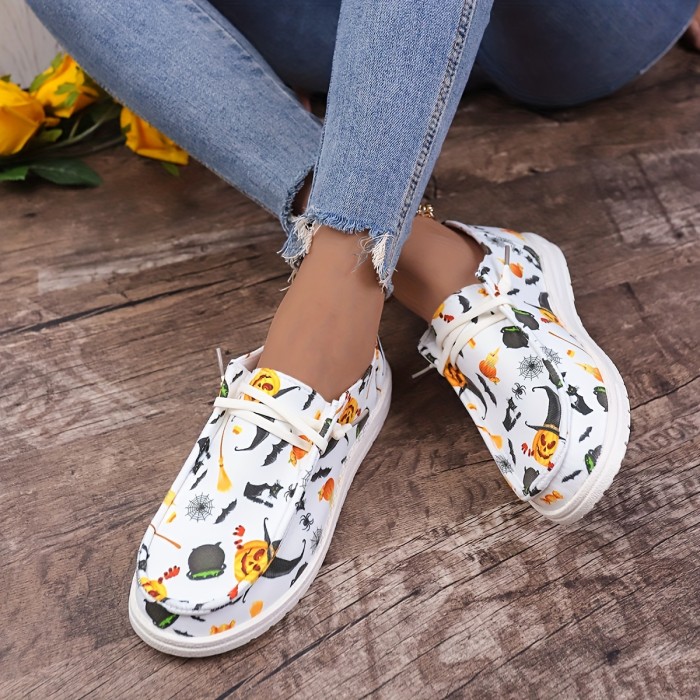 Women's Ghost Face Pumpkin Canvas Shoes, Halloween Round Toe Flat Low Top Skate Shoes, Casual Slip On Walking Shoes