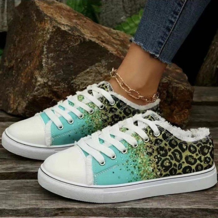 Women's Leopard Printed Canvas Sneakers, Glitter Round Toe Lace Up Low Top Sneakers, Casual Flat Skate Shoes