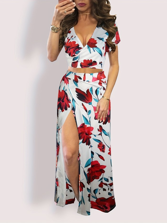 Boho Floral Print Two-piece Set, Vacation Short Sleeve Wrap Crop Top & Split High Waist Skirt Outfits, Women's Clothing