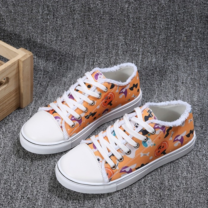 Women's Ghost & Pumpkin Print Sneakers, Halloween Lace Up Low Top Canvas Shoes, Casual Flat Skate Shoes