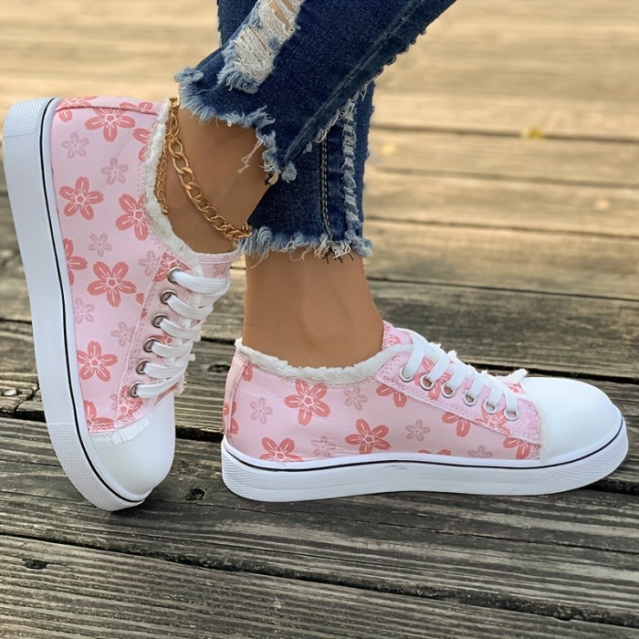 Women's Floral Print Canvas Sneakers, Pink Round Toe Low Top Flat Shoes, Casual Lace Up Walking Shoes