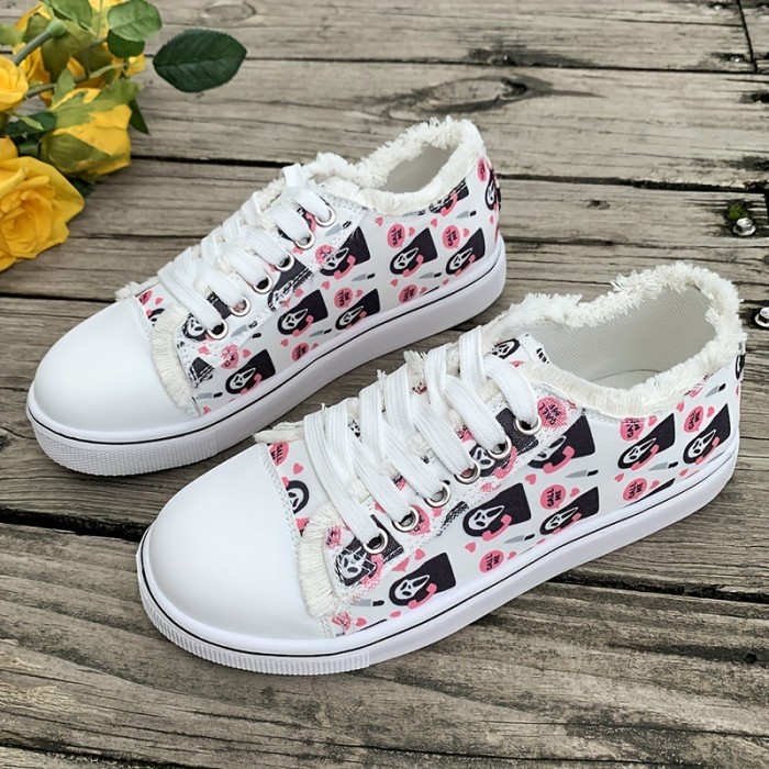 Women's Ghost Print Canvas Shoes, Halloween Ghost Print Low Top Sneakers, Casual Walking Shoes