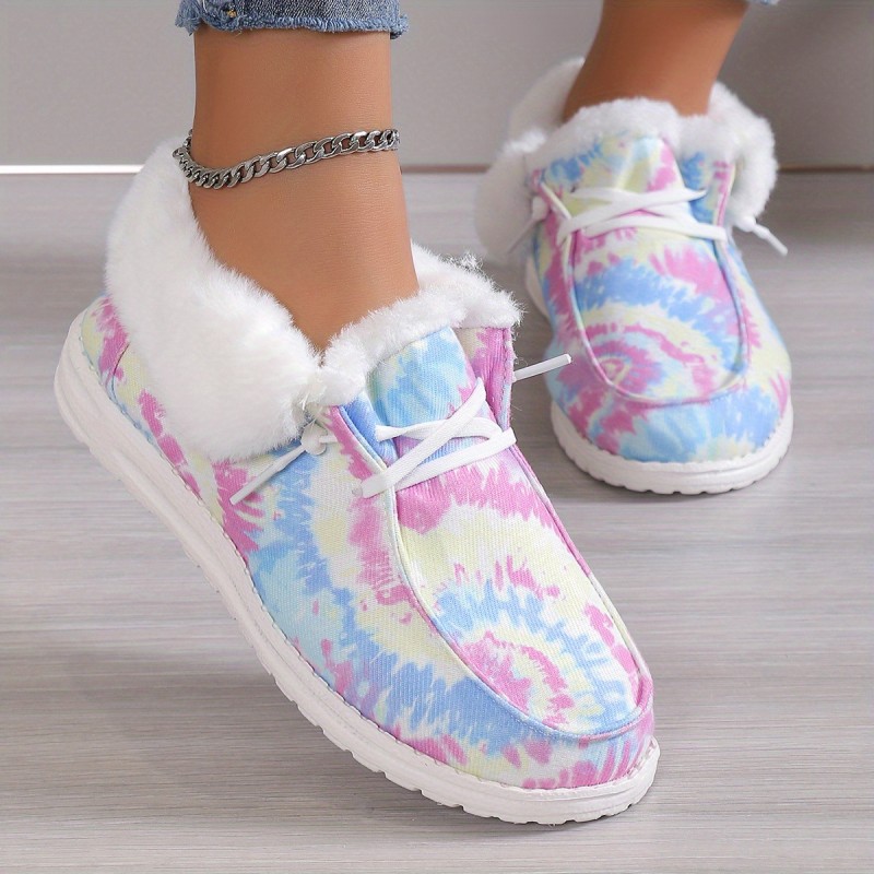Women's Plush Lined Canvas Shoes, Tie Dye Slip On Fuzzy Snow Boots, Winter Warm Outdoor Ankle Boots