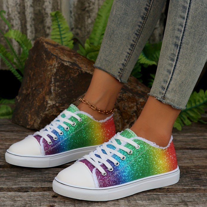 Women's Glitter Rainbow Canvas Shoes, Round Toe Lace Up Flat Skate Shoes, Casual Low Top Sneakers