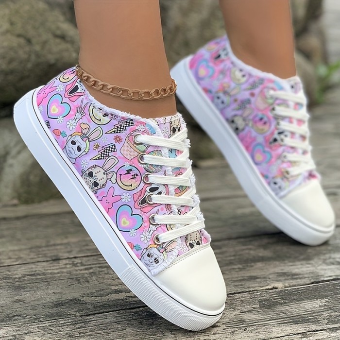 Women's Pink Ghost Printed Canvas Shoes, Casual Lace Up Low Top Skate Shoes, Halloween Round Toe Flat Sneakers