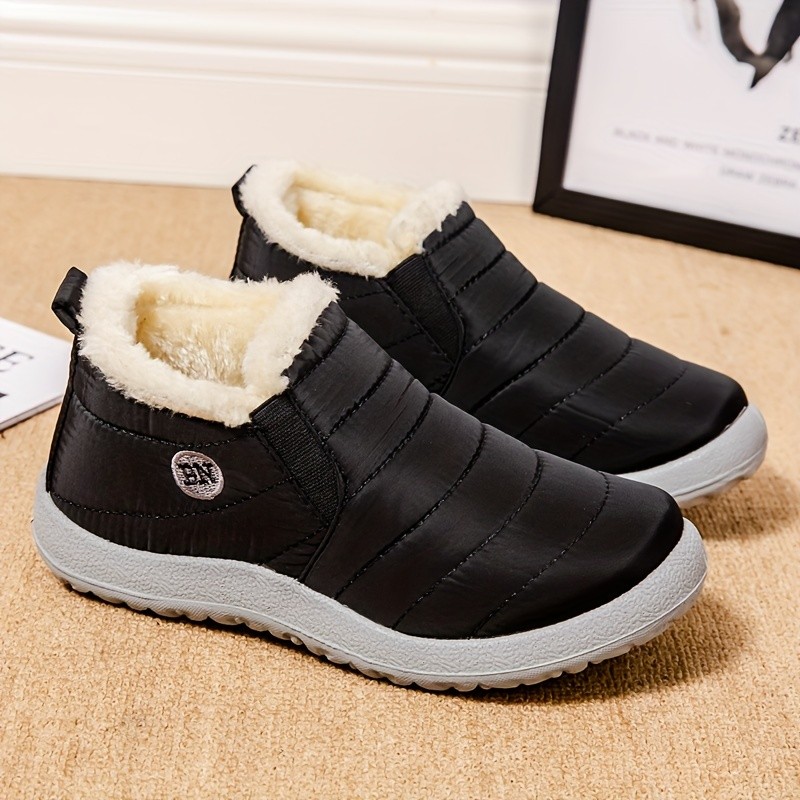 Women's Plush Lined Snow Boots, Waterproof Slip On Low Top Ankle Boots, Winter Warm Flat Boots