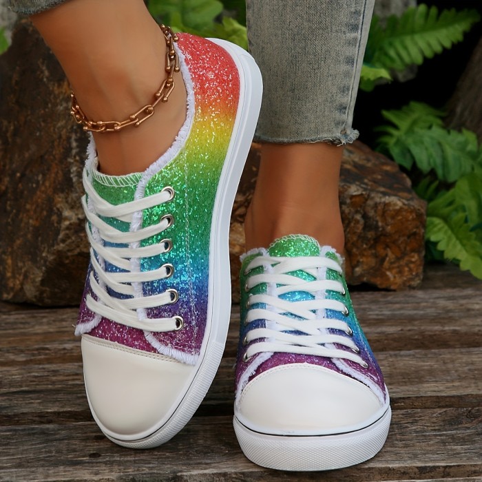 Women's Glitter Rainbow Canvas Shoes, Round Toe Lace Up Flat Skate Shoes, Casual Low Top Sneakers
