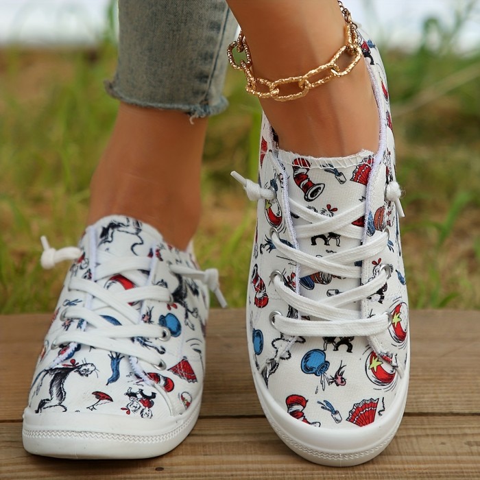Women's Cartoon Print Canvas Shoes, Breathable Low Top Flat Walking Shoes, Casual Slip On Sneakers