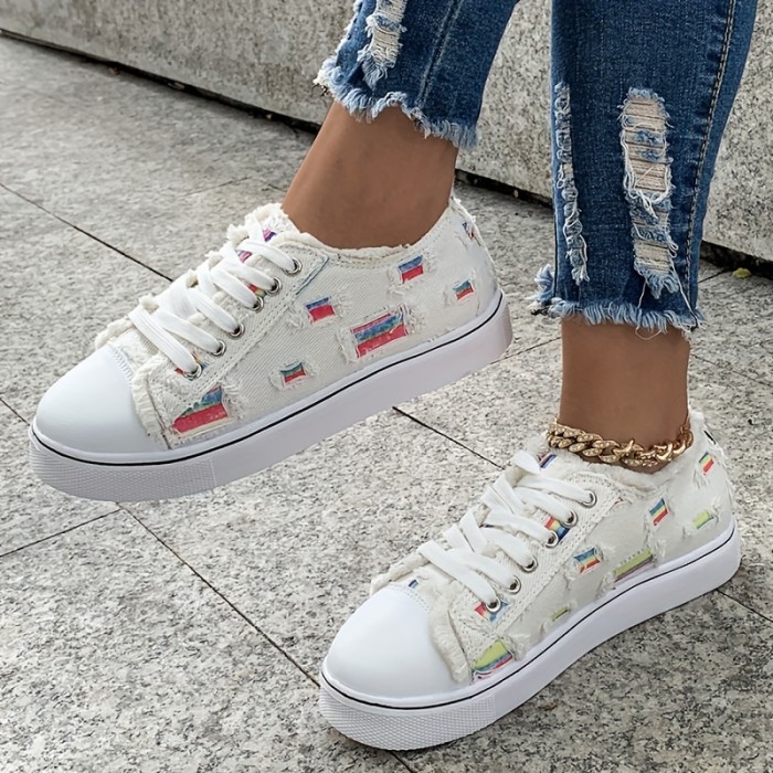 Women's Flat Canvas Shoes, Casual Round Toe Lace Up Low Top Sneakers, Comfy Walking Shoes