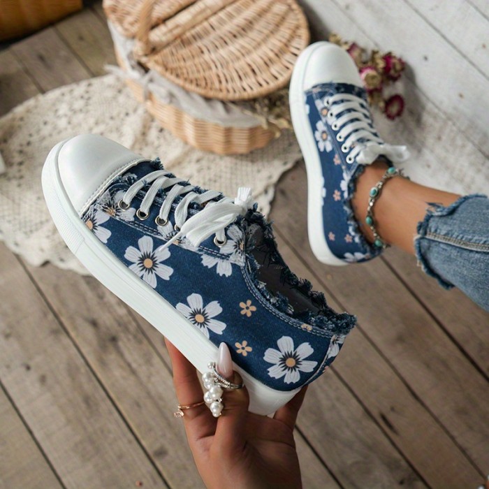 Women's Floral Printed Canvas Shoes, Round Toe Lace Up Low Top Sneakers, Casual Flat Walking Shoes