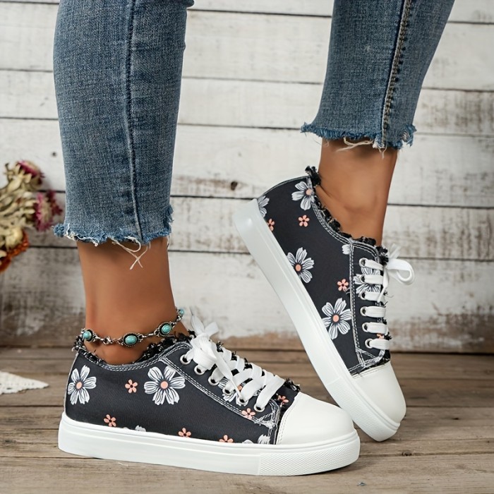 Women's Floral Printed Canvas Shoes, Round Toe Lace Up Low Top Sneakers, Casual Flat Walking Shoes