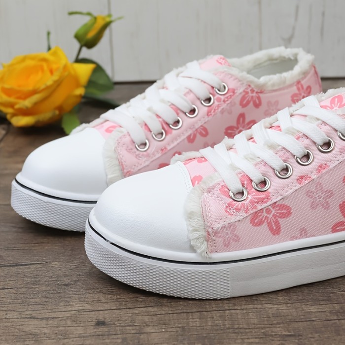 Women's Floral Print Canvas Sneakers, Pink Round Toe Low Top Flat Shoes, Casual Lace Up Walking Shoes