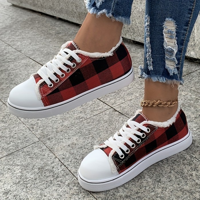 Women's Plaid Canvas Shoes, Round Toe Low Top Flat Sneakers, Casual Lace Up Walking Shoes