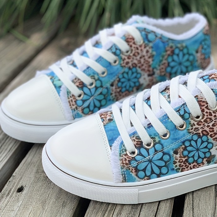 Women's Flower Print Canvas Sneakers, Raw Trim Lace Up Low Top Skate Shoes, Casual Round Toe Flats Shoes