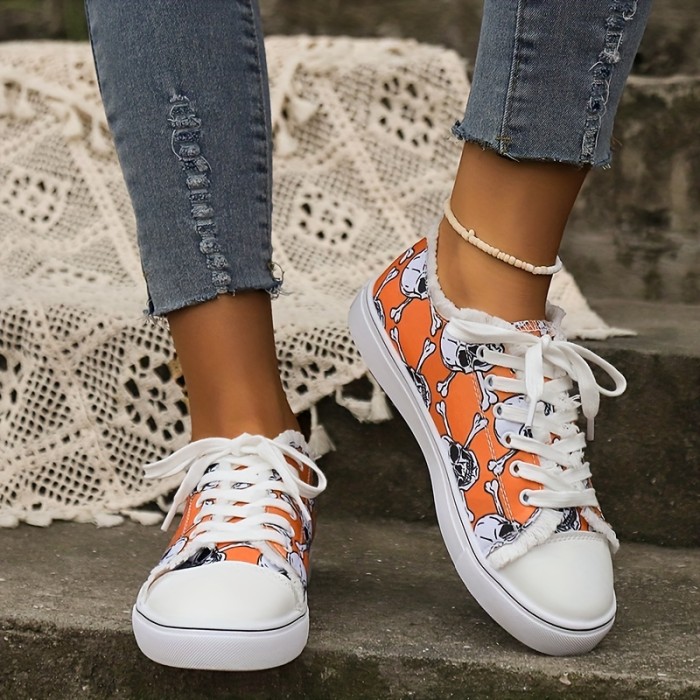 Women's Skull Print Canvas Shoes, Lightweight Lace Up Low Top Flats, Casual Halloween Sneakers