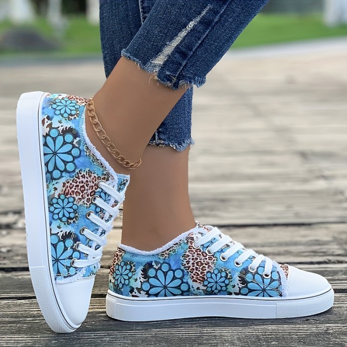 Women's Flower Print Canvas Sneakers, Raw Trim Lace Up Low Top Skate Shoes, Casual Round Toe Flats Shoes