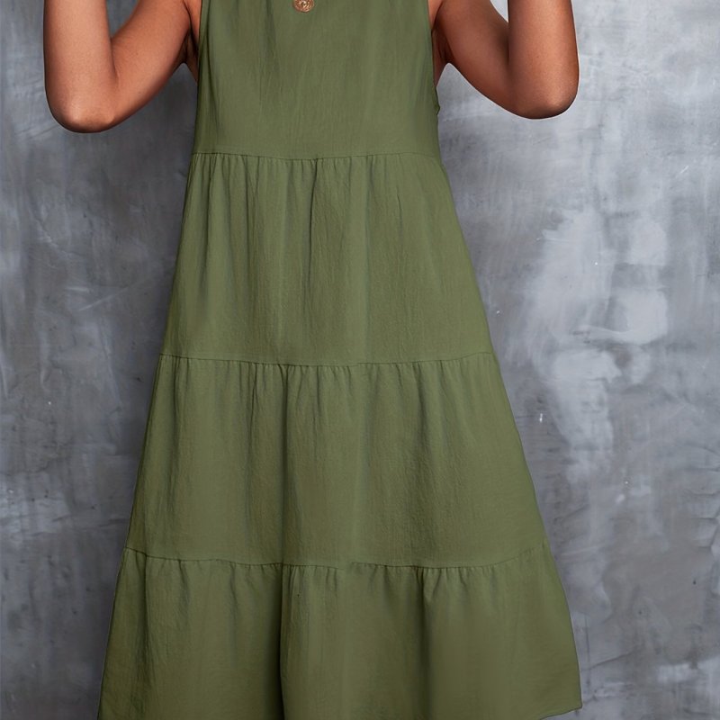 Round Neck Loose Big Swing Splicing Cake Dress, Casual Solid Color Sleeveless Waist Summer Dresses, Women's Clothing