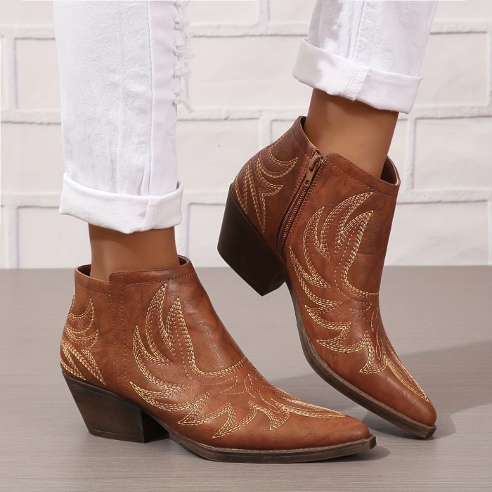 Women's Ankle Cowboy Boots, Retro Embroidery Pointed Toe Chunky Low Heeled Boots, Side Zipper Western Short Boots