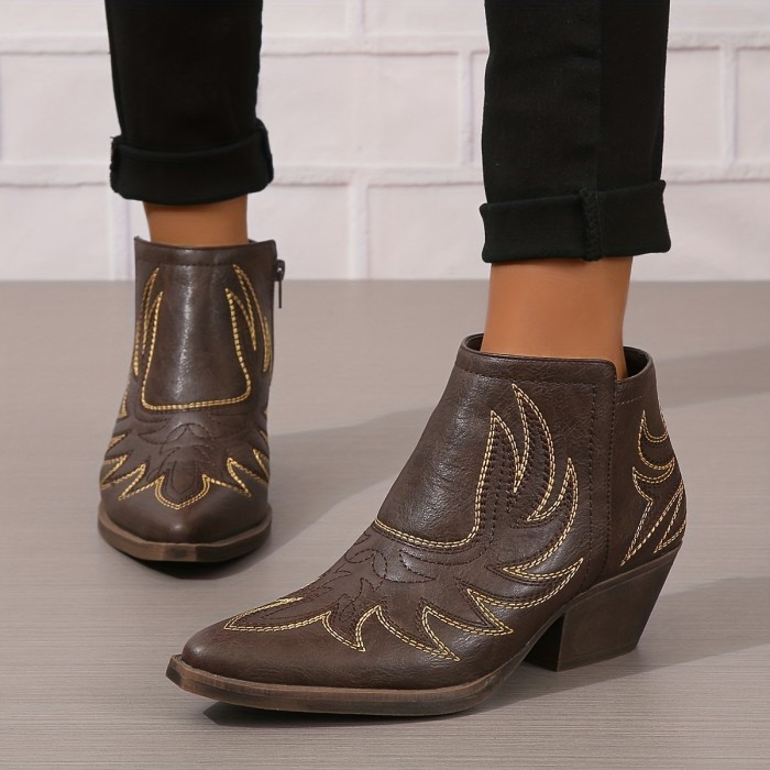 Women's Ankle Cowboy Boots, Retro Embroidery Pointed Toe Chunky Low Heeled Boots, Side Zipper Western Short Boots