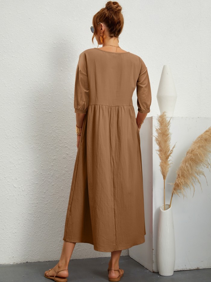 Ruched Simple Dress, Casual Crew Neck Lantern Sleeve Versatile Dress, Women's Clothing