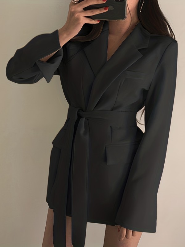 Solid Lapel Blazer, Elegant Long Sleeve Work Office Outerwear, Women's Clothing