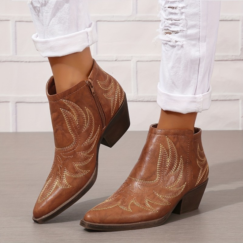 Women's Ankle Cowboy Boots, Retro Embroidery Pointed Toe Chunky Low Heeled Boots, Side Zipper Western Short Boots