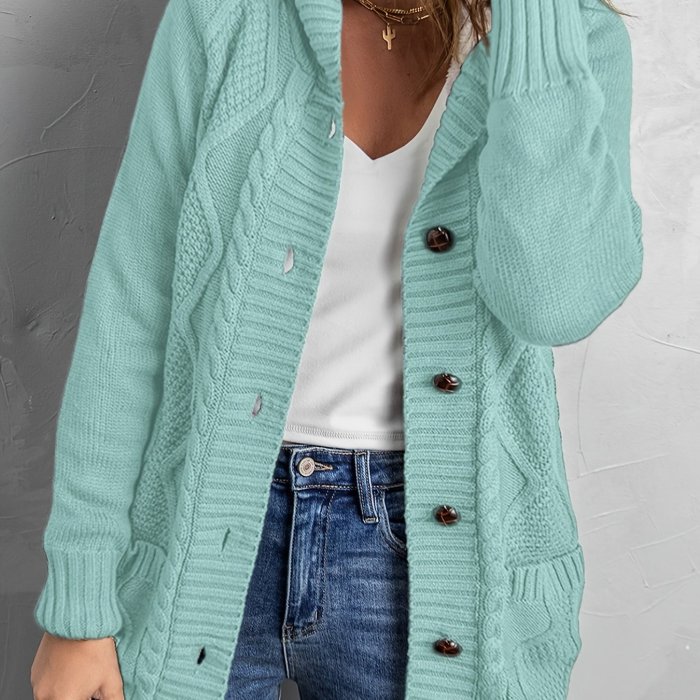 Oversized Knit Hoodie, Long Chunky Knit Front Pocket Hooded Cardigan Sweater, Casual Tops For Fall & Winter, Women's Clothing