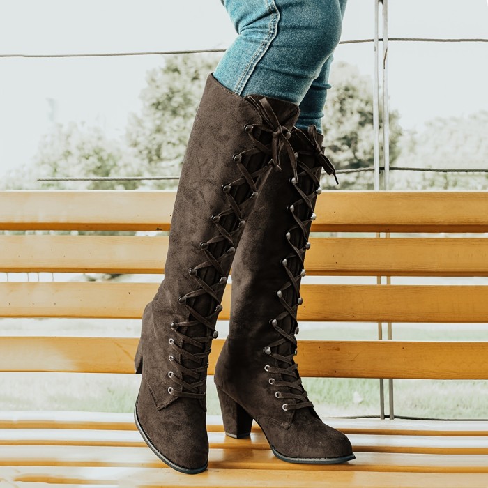 Women's Chunky Heeled Long Boots, Retro Solid Color Lace Up Knee High Boots, Casual Heeled Riding Boots