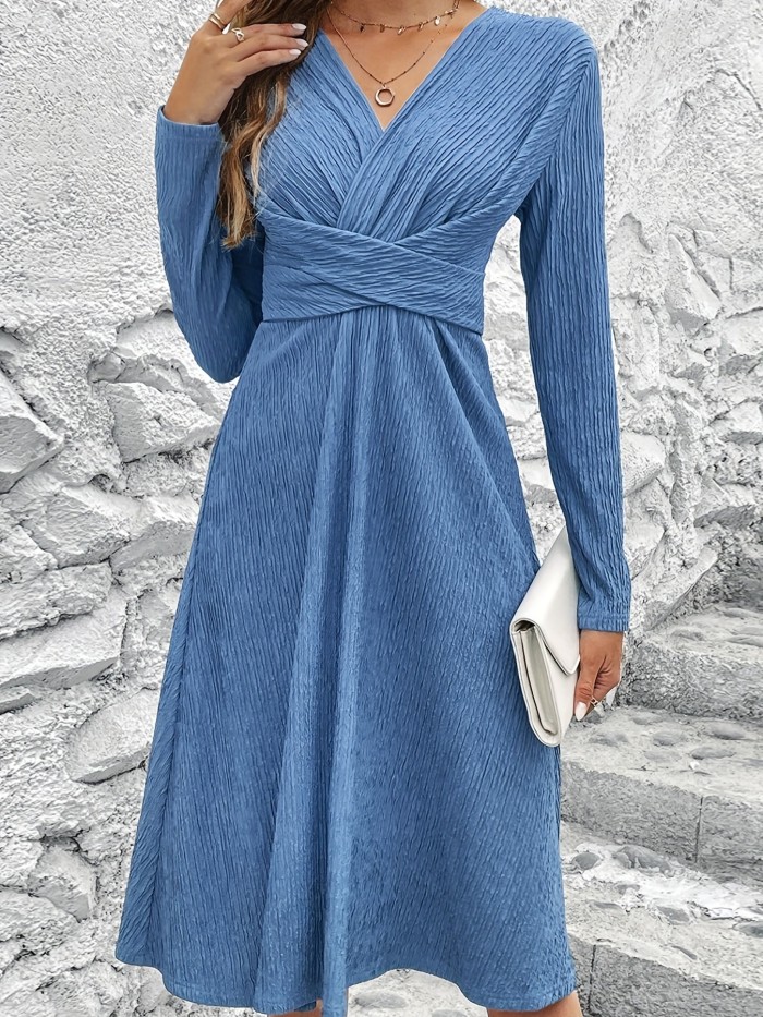 Criss Cross Solid Dress, Elegant Simple V Neck Long Sleeve Dress, Women's Clothing