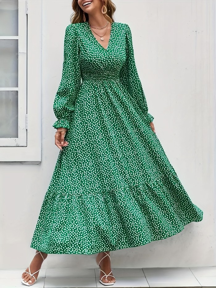 Plus Size Vacay Maxi Dress, Women's Plus Polka Dot Print Long Sleeve V Neck Maxi Dress